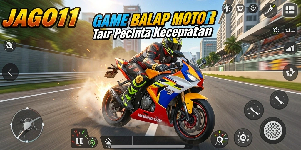 Screenshot gameplay JAGO11 menampilkan momen balap motor yang mendebarkan.