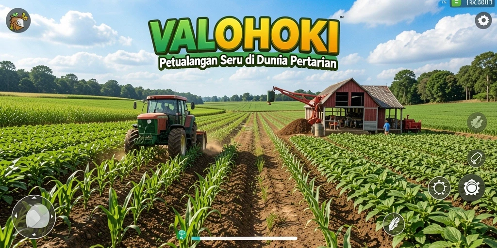Gameplay seru dari VALOHOKI dengan ladang yang subur dan hewan ternak.