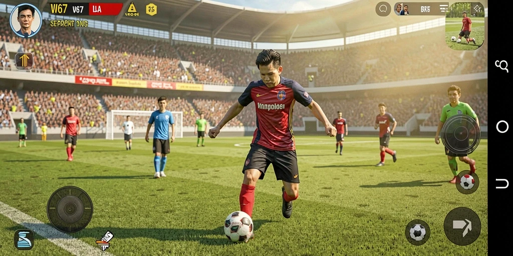 Screenshot W67 menunjukkan aksi pertandingan sepak bola yang intens.